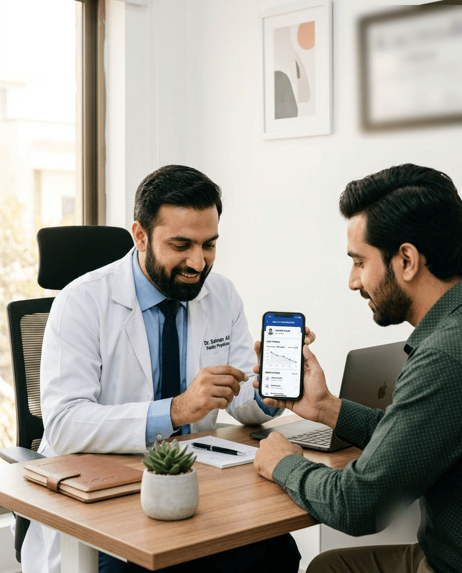 Doctor reviewing patient health history seamlessly on a tablet